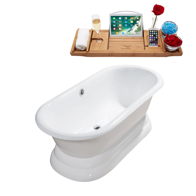 Baignoire de trempage autoportante 66 "avec plateau en bambou 66" Streamline, Chrome poli
