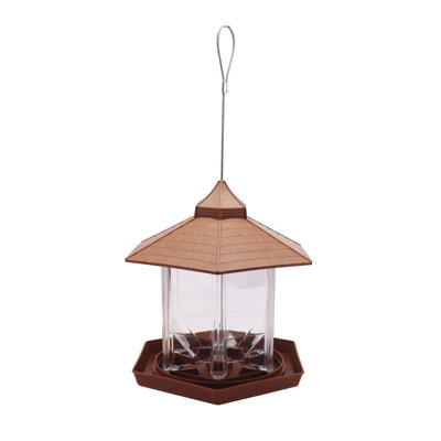 Wild Bird Feeder Hanging Garden Patio Exterior Decor, Hexagonal Roof Hanging Wild Bird Feeder,brown