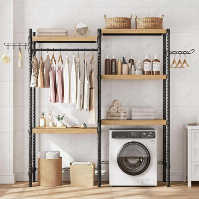 Heavy Duty 5-Tier Over-The-Washer Laundry Shelf – Adjustable Double Wood Shelves, Space-Saving Storage Rack Organizer for Small Spaces, Freestanding – 28 Inches