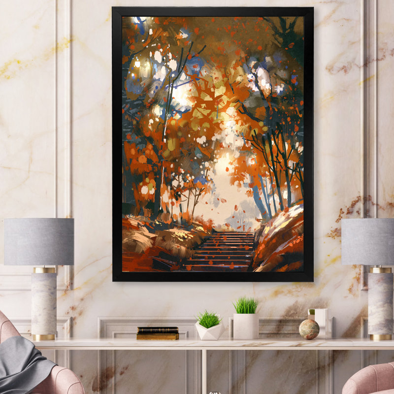 Escaliers avec des arbres dans le parc - Peinture sur toile, H 44 po x l 34 po, Cadre d'angle fermé noir