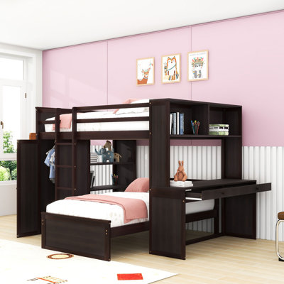 Wood Bunk Bed With Desk, Shelves, And Wardrobe