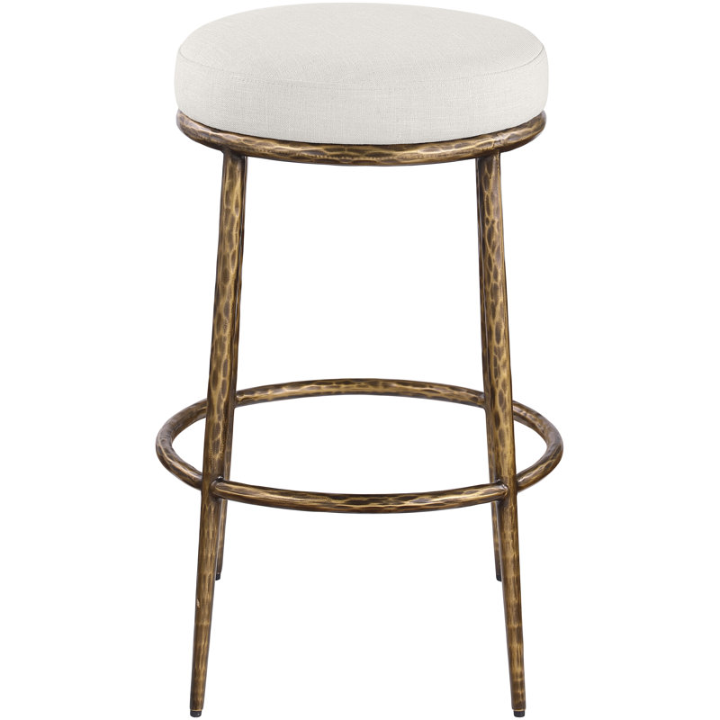 Tabouret de bar rembourré Ferro, Laiton, Tissu performance crème