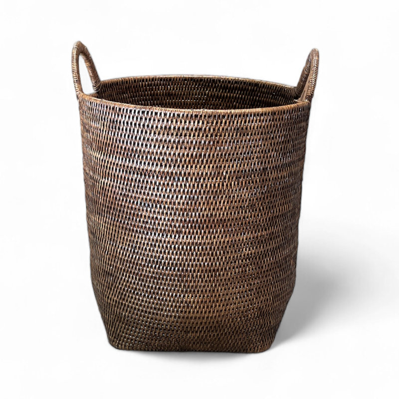 Round Laundry Basket With Loop Handle, Antique Brown