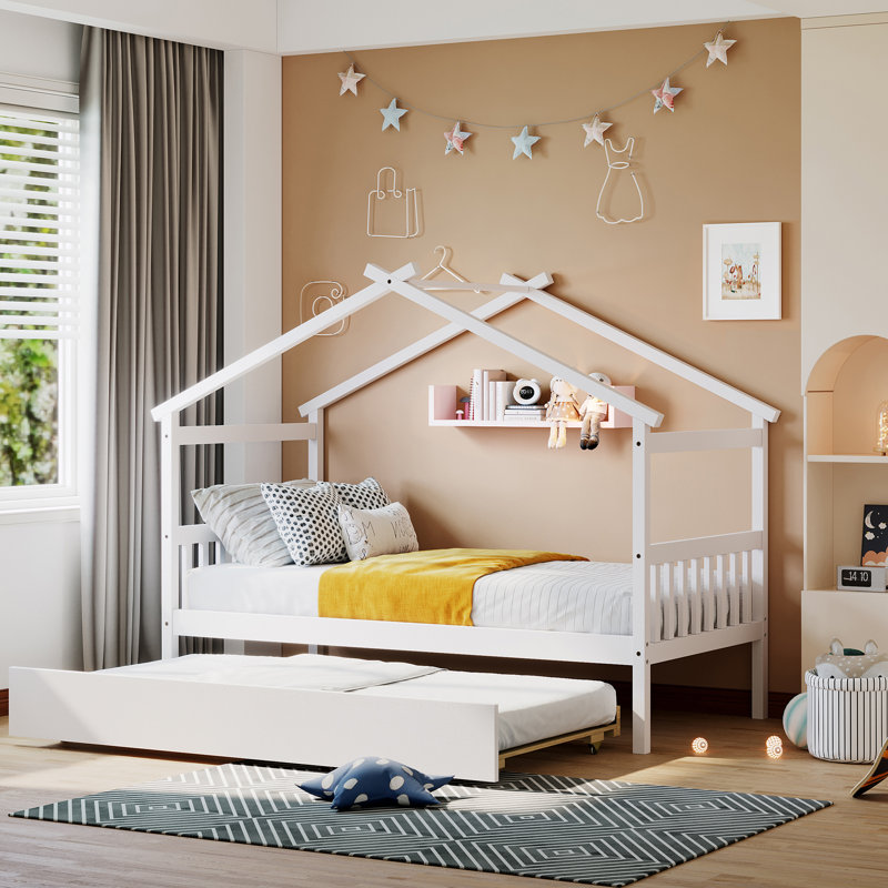 Saunderton Wooden House Bed with Trundle, White, Twin
