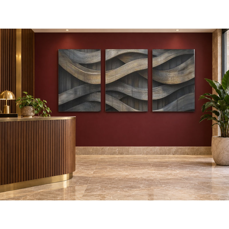 Triptych Canvas Wall Art – Flowing Wood Grain Print, 3-Panel Painting Reproduction, 36" H x 72" W