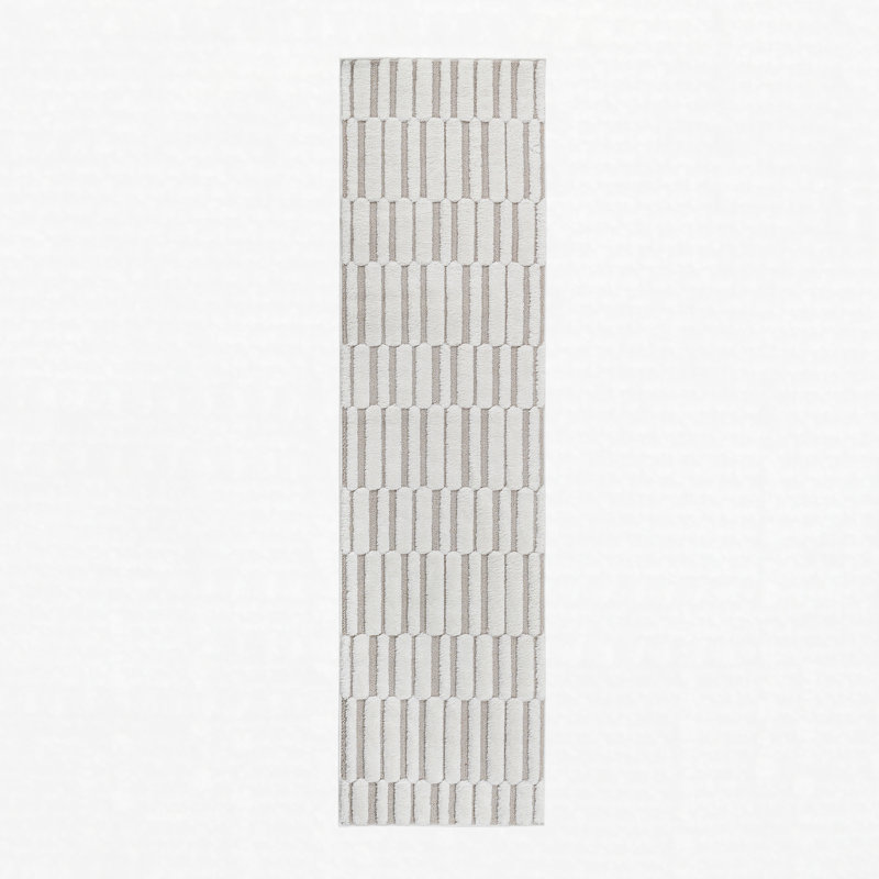 High-Low Striped Runner Rug Polypropylene Stain Resistant Non-Shedding Beige Cream 2'2" x 8'