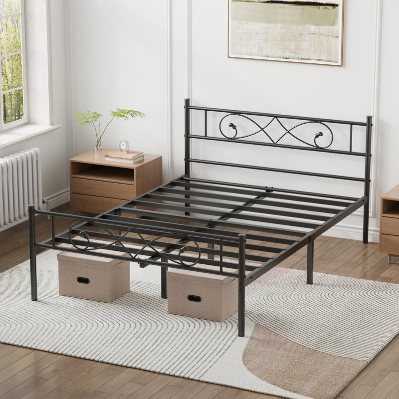 Structure de lit plateforme en métal rétro avec tête et pied de lit, espace de rangement sous le lit de 12,6 pouces, fabrication stable et silencieuse, aucun sommier tapissier requis