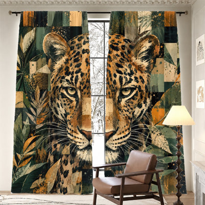 2 pièces rideaux à imprimé léopard, tissu filtrant la lumière, motif géométrique et botanique abstrait, protection de la vie privée pour parasol, conception à passe-tringle, convient au salon, à la chambre à coucher, au balcon, à la cuisine