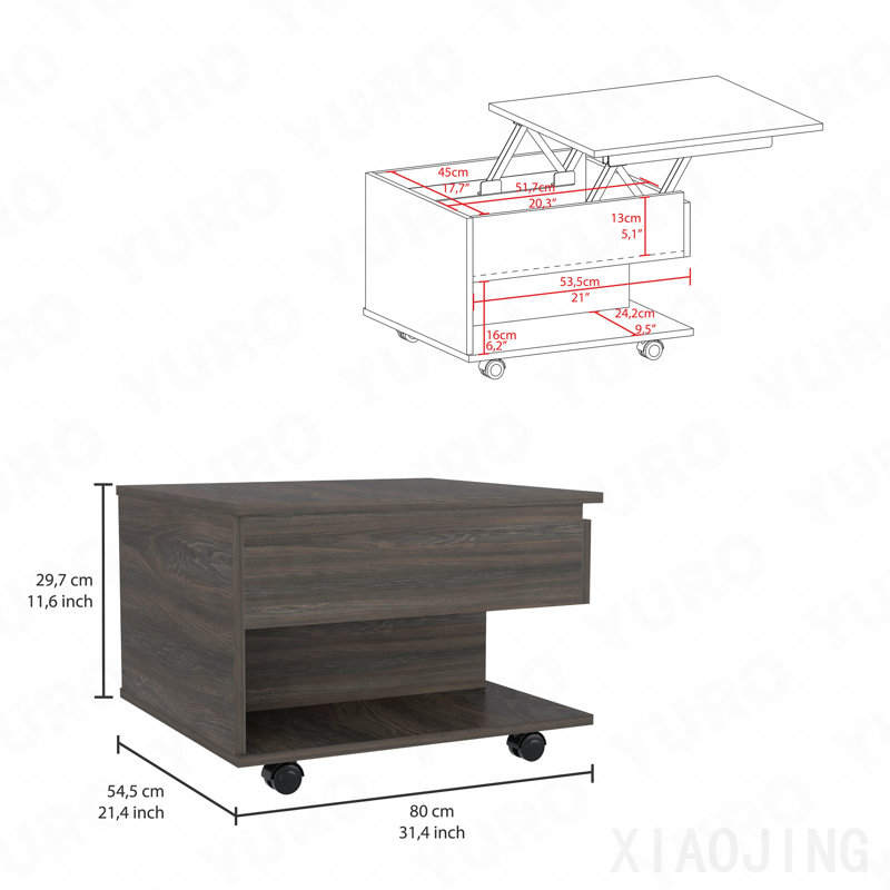 Table basse à plateau relevable espresso avec roulettes et une tablette, Brown, H 11,6 po x L 31,4 po x l 21,4 po