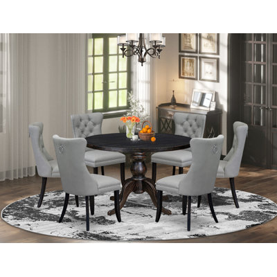 Ensemble de table de salle à manger 7 pièces composé d'une table ronde de 48 po avec piédestal et 6 chaises rembourrées gris clair, noir sablé