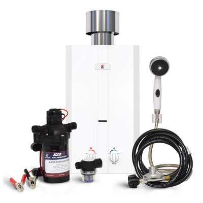 3.0 GPM Portable Outdoor Tankless Water Heater with EccoFlo Diaphragm 12V Pump, Strainer & Shower Set