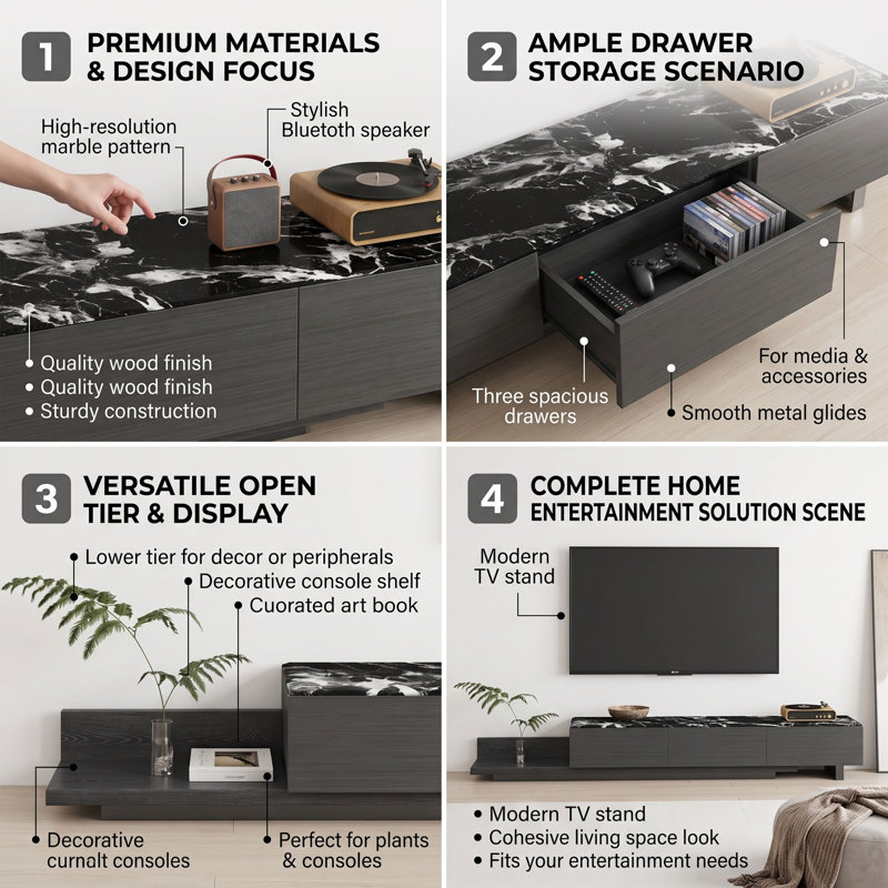 Meuble télé 70,8 po avec plateau en faux marbre noir asymétrique et rangement multi-tiroirs 300 LBS pour meuble télé avec téléviseur de 75 po ou plus