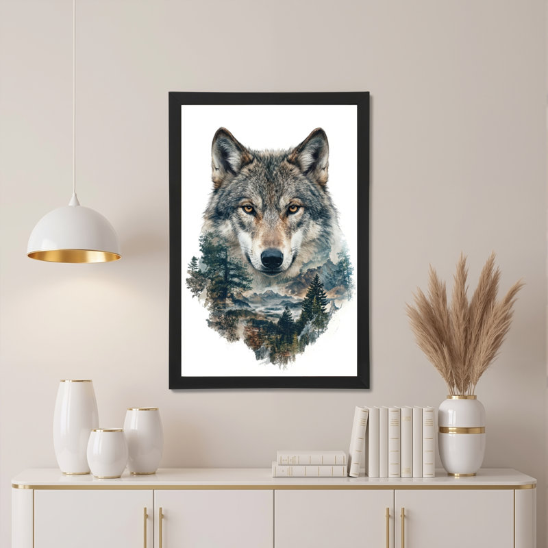 Ensemble de 1 tableau sur toile représentant un paysage de forêt de loups, H 24 po x l 16 po