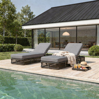 Ensemble de 2 chaises longues de piscine à dossier réglable, corde tissée et structure en fer avec coussin épais, chaise longue d'extérieur pour la piscine, la plage et la cour