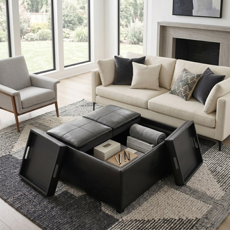Repose-pieds de rangement pour table basse moderne en cuir végétalien l 35 po Avalon avec 4 plateaux rabattables Avalon, Noir