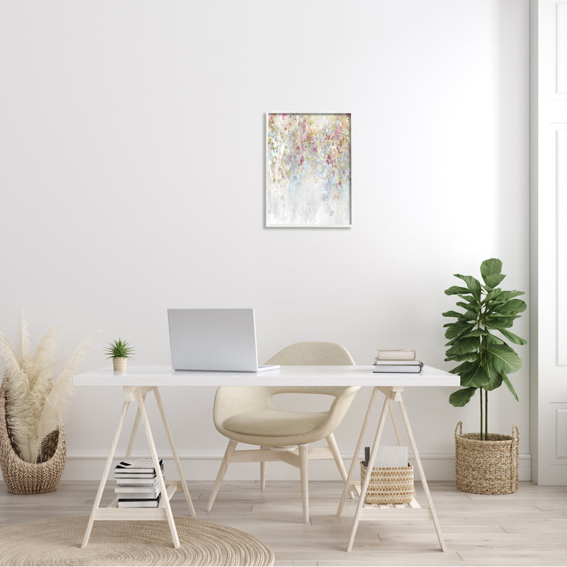 Modern Cascading Pink Flowers Abstract Painting with White Wood Frame