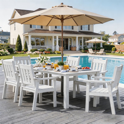 All Weather Rectangular HIPS Patio Dining Table Sets with Arm Chairs 7 Piece Outdoor Furniture Set with Umbrella Hole Modern Plastic Outdoor Dining Sets