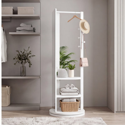 69" x 20" Full Length Mirror with Coat Rack, 360° Rotating Solid Wood Floor Mirror, White Freestanding Mirror with Hooks for Bedroom, Living Room, Cloakroom