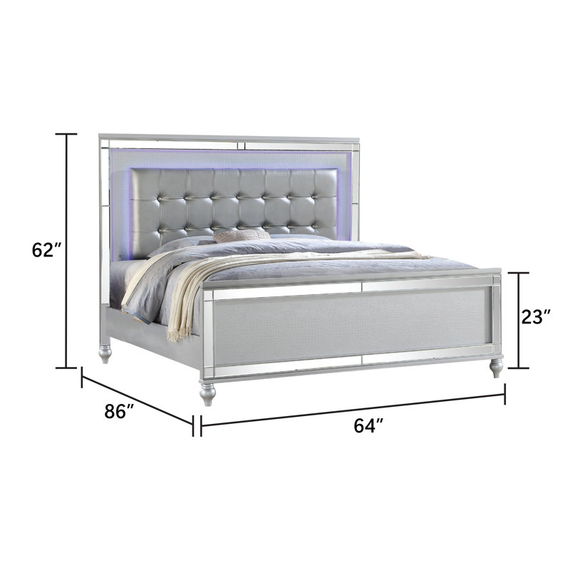 Denard Upholstered Standard 4 Piece Bedroom Set, Silver, Queen, 4 Pcs: Bed, Nightstand, Dresser, Mirror
