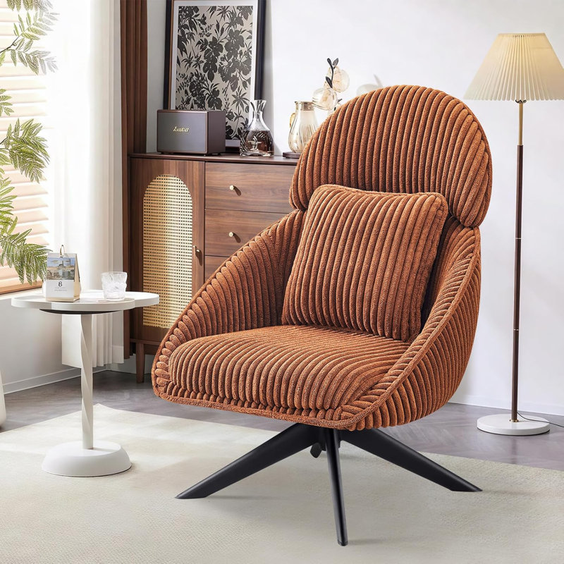 Fauteuil d'appoint pivotant avec coussin Areyah, Velours côtelé orange