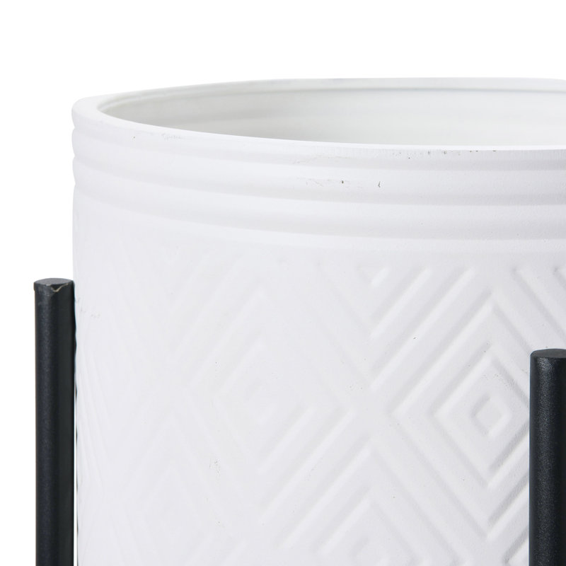 Modern Boho Embossed Metal Planters with Stands, White with Black