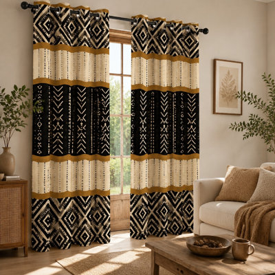 2Pcs rideaux bloquant le soleil à motif géométrique tribal Boho, œillets à rayures et à losanges de style ethnique, isolant thermique décoratif pour le salon, la chambre à coucher et le salon