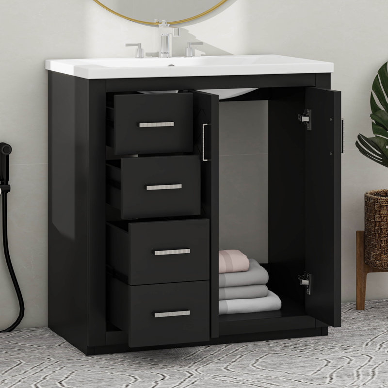 Ensemble de meuble-lavabo 30 po avec lavabo en céramique avec 3 tiroirs et portes à fermeture douce, Noir