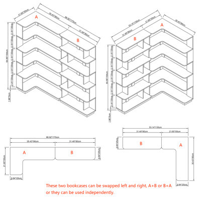 Ensemble de bibliothèque à combinaison libre 66,93 "x H 64,57" - Unité de coin + tablette extensible - Aménagement peu encombrant et flexible - Pour le bureau à domicile / le salon