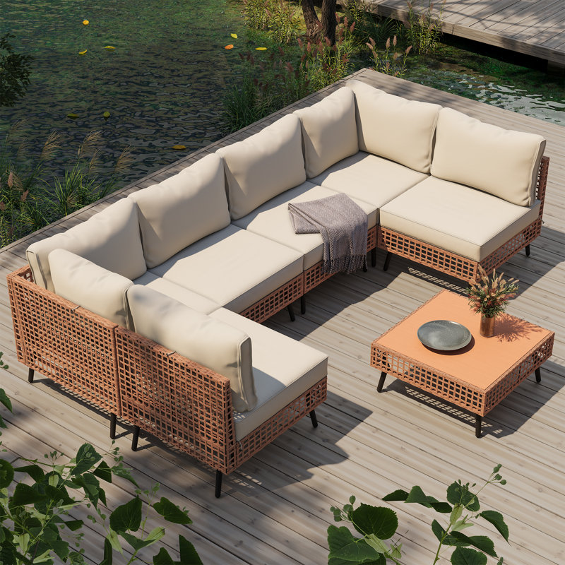 7 Pieces Wicker Sectional Seating Group with Cushions, Beige/Brown
