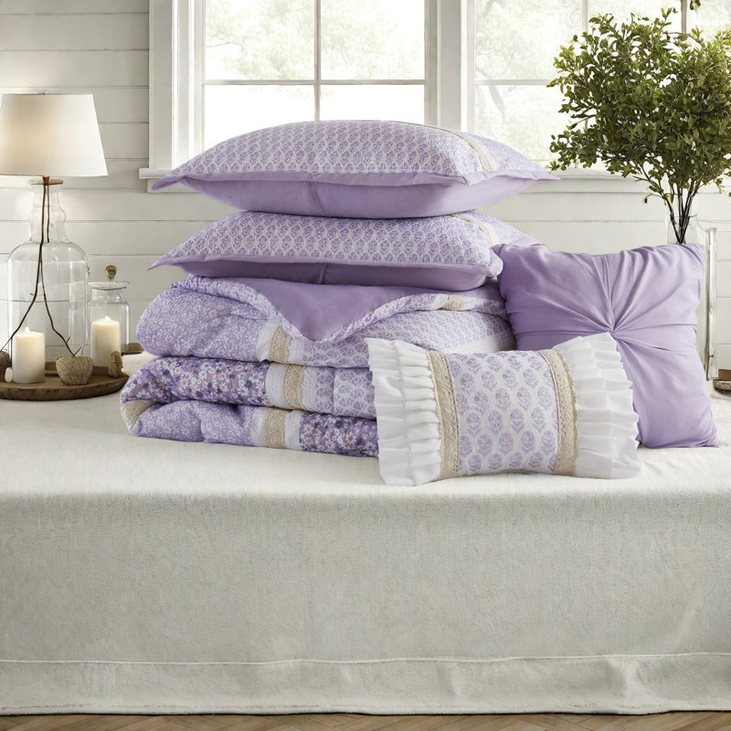 Ensemble de literie très grand / très grand de style campagnard, microfibre en seersucker multicolore avec coussins décoratifs