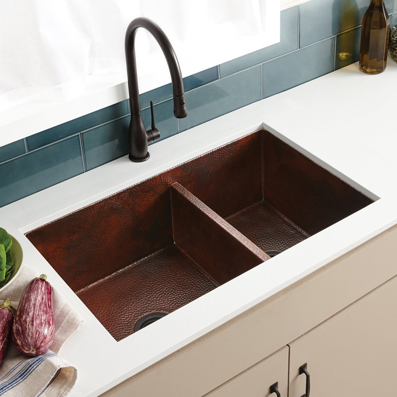 Cocina 33" L x 21" W Double Basin Undermount Kitchen Sink, Antique Copper