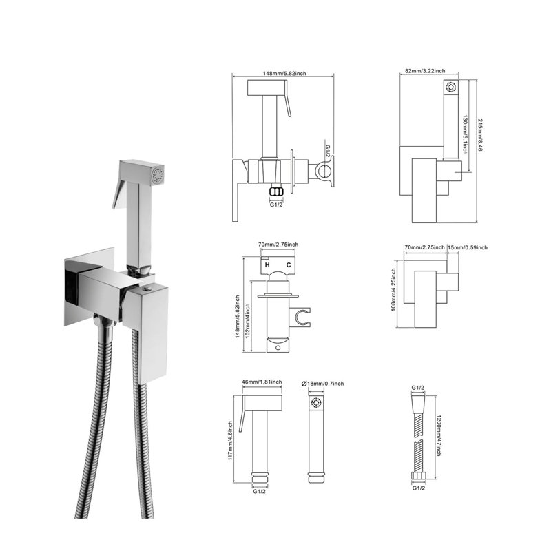 Concealed Bidet Taps Hot And Cold Set With Hose,Wall Mount,Silver
