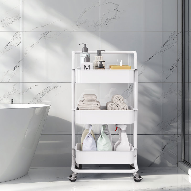 3-Tier Metal Rolling Utility Cart with Handle and Lockable Wheels, Anti-tipping Storage Organizer, White