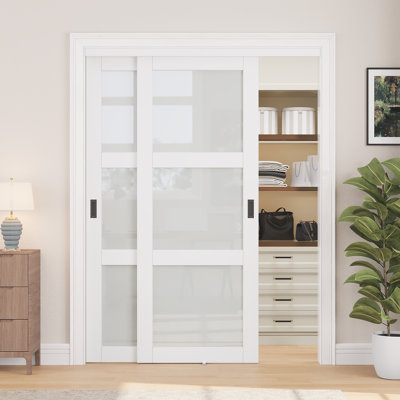 80"H Primed White  3-Lite Tempered Frosted Glass Closet Sliding Door With Hardware Kit