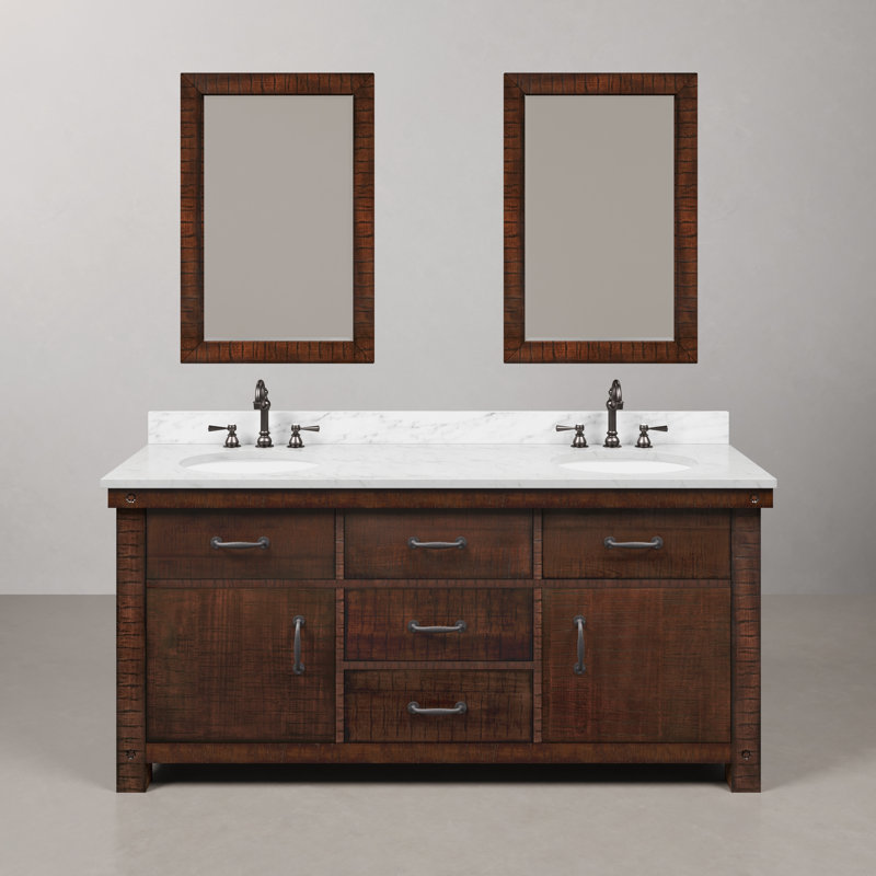 Aberdeen 72 In. Double Sink Blue Limestone Countertop Vanity In Rustic Sierra With Mirrors, Carrara White, Rostic Sienna