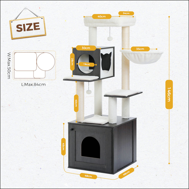 57.5" Cat Tree With Litter Box Enclosure Large, Black