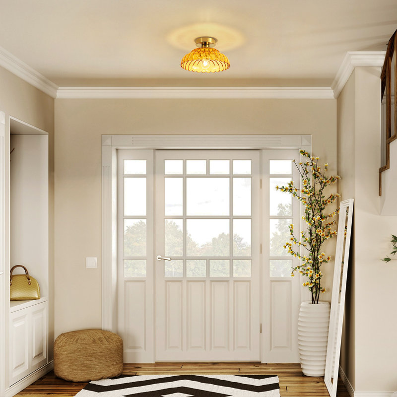  Moncia Modern 11.8" Fluted Antique Brass Glass Semi-Flush Mount Ceiling Lightfor Entryway Hallway, Yellow