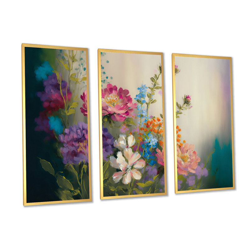 «Painted Blossoming Wildflowers III», 3 impressions sur toile tendue, H 32 po x l 48 po x P 1 po, Naturel