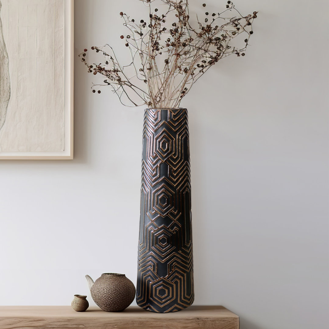 Decorative Tall Vase with Geometric Embossed Design – Modern Home Decor Perfect for Table Centerpiece, Flower Vase, or Floor Decoration Accent Wade Logan®