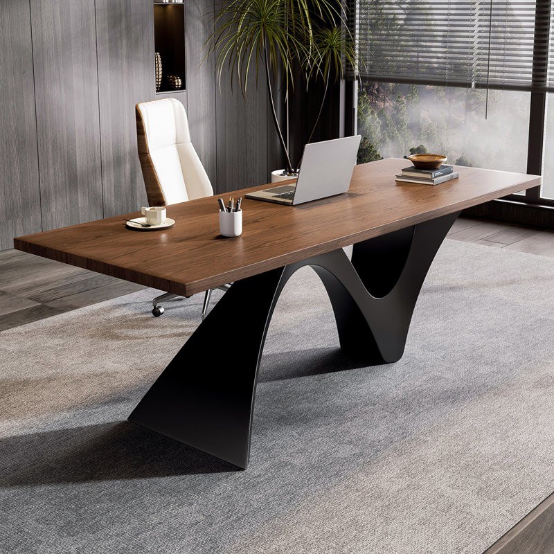 Bureau brun bois de noyer + rectangulaire en bois massif + acier au carbone, H 29,53 po x l 94,49 po x P 31,5 po