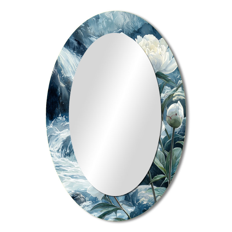 Pivoines au bord de la rivière I - Miroir décoratif floral ovale sur métal, 36 po x 24 po