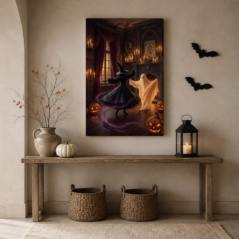 «Witch and Ghost Dancing with Pumpkins In Halloween», art mural sur toile, H 30 po x l 20 po