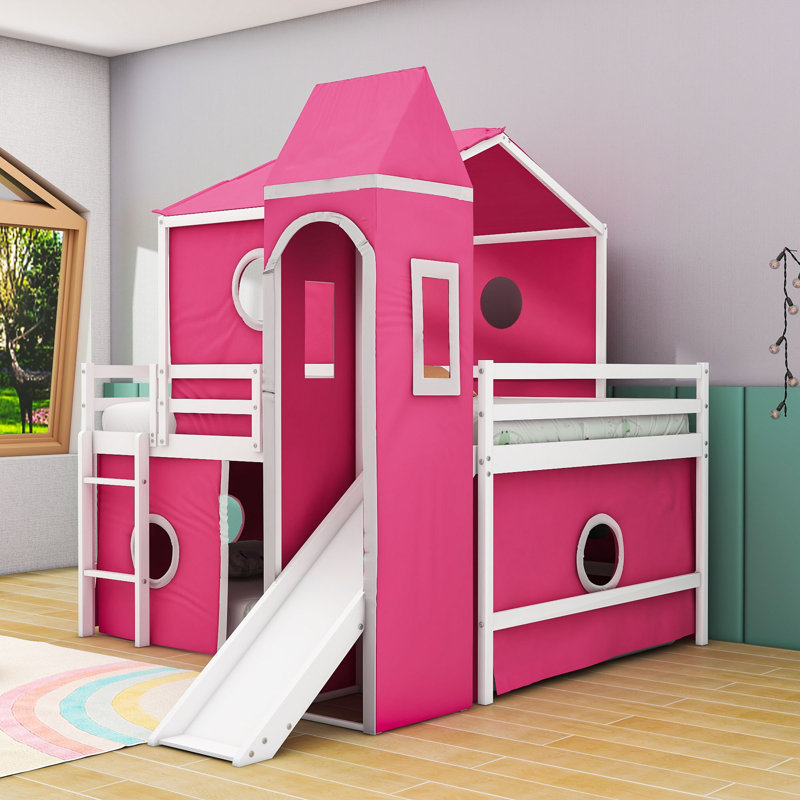 Lit mezzanine avec toboggan, tente et tour, conception inspirée du château, Double, Rose