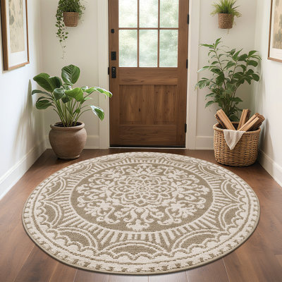 Round Medallion Stain-Resistant Beige Area Rug