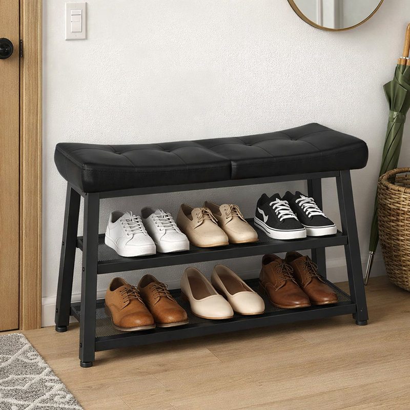 3-Tier Shoe Organizer Storage Bench with Storage and Cushion for Entryway, Hallway, Black