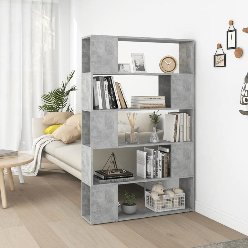 vidaXL Book Cabinet Room Divider Engineered Wood Medium, (5 Shelves) 61"H x 39.4"W x 9.5"D., Concrete Gray