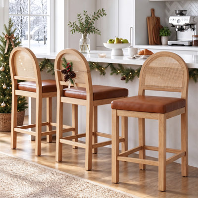 Tabourets de bar en bois avec dossier en rotin naturel (ensemble de 2)