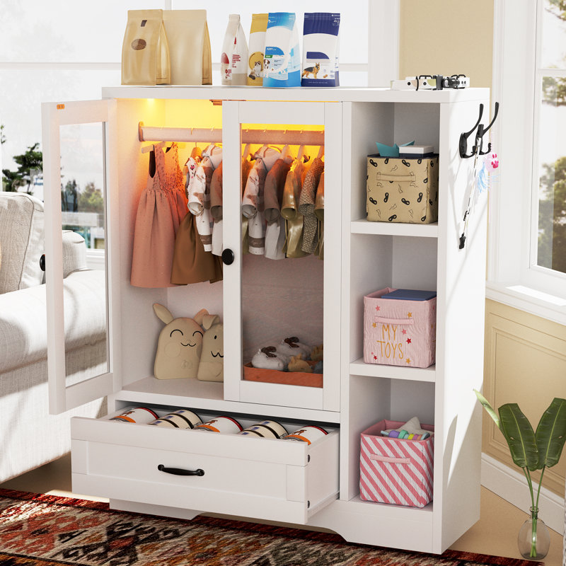 Armoire pour animaux de compagnie, garde-robe pour chien avec DEL, porte en verre et tiroir, organisateur de rangement en bois MDF pour chien chat, blanc
