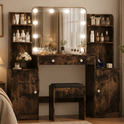 Meuble-lavabo l 53 po avec miroir à DEL 3 couleurs, grand ensemble de coiffeuse avec tabouret, prise de courant intégrée et support pour sèche-cheveux pour la chambre à coucher