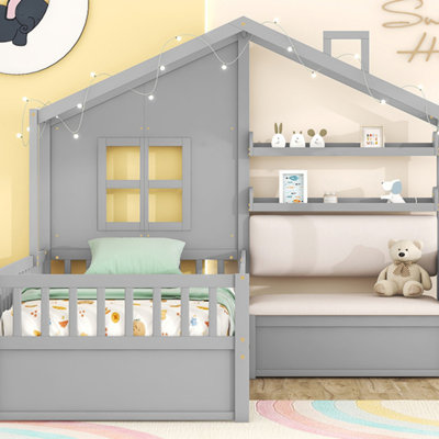 Lit House avec canapé, lit plateforme pour enfants avec deux tiroirs et tablette de rangement